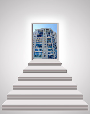 白色的楼梯通向美丽的摩天大楼图片下载