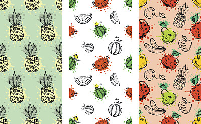 一组无缝矢量模式。手绘水果插画色彩丰富的樱桃、苹果、梨、西瓜、石榴、香蕉、浆果、草莓喷溅和掉落图片下载