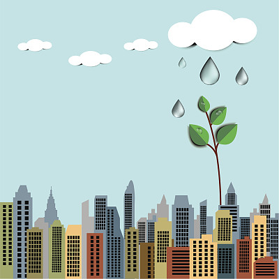 矢量插图城市化城市和雨与树的建筑。环保的生活城市理念图片下载