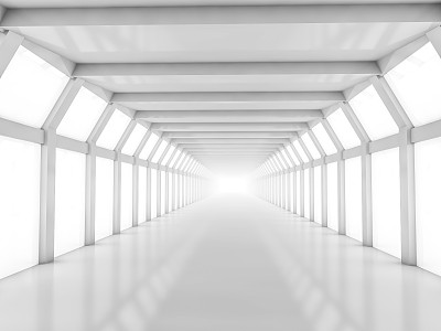 抽象的现代建筑背景，空旷的白色开放空间的室内。三维渲染图片下载