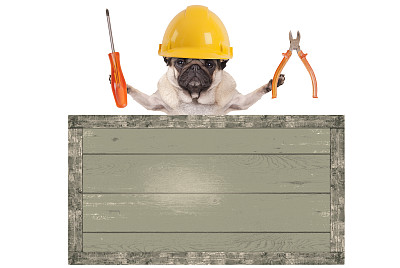 哈巴狗拿着钳子和螺丝刀后面空白的老木制标志，孤立在白色的背景图片下载