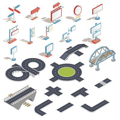 矢量等距图标的广告牌，广告横幅，道路标志，方向标志，路段图片下载