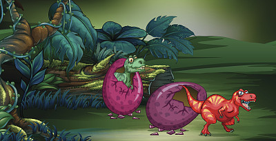 森林场景，两只恐龙正在孵蛋图片下载