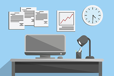 室内办公室设计，电脑及配件设计。向量和插图图片下载