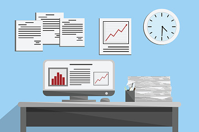 室内办公室设计，电脑及配件设计。向量和插图图片下载