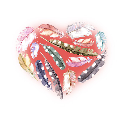 羽毛心为情人节。水彩图片下载