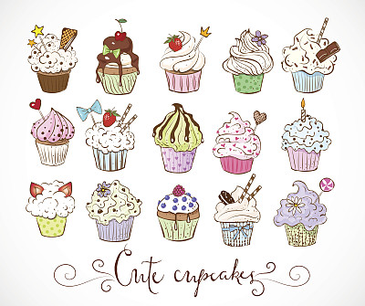 一套涂鸦素描纸杯蛋糕与装饰在白色的背景。矢量图图片下载