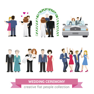 超级婚礼仪式婚姻平面风格信息图图标人们设置。新婚夫妇妻子丈夫新娘新郎跳舞客人伴郎伴郎伴郎迎宾度蜜月。创意概念插画集图片下载
