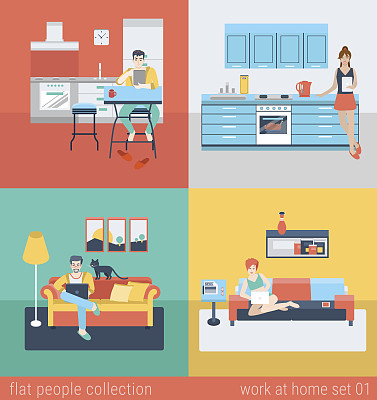 一组青年男女在厨房客厅沙发上自由作业。平人的生活方式情况在家工作的概念。矢量插图收集的年轻的创造性人类。图片下载