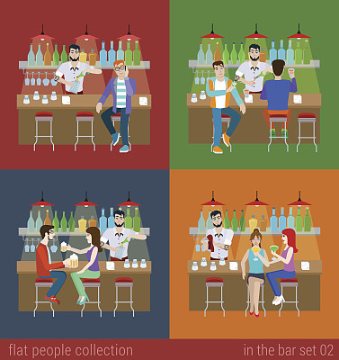 一群年轻的男男女女朋友在吧台和调酒师准备鸡尾酒。平面人的生活方式情境概念。矢量插图收集的年轻的创造性人类。图片下载