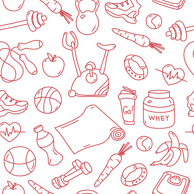 红色无缝图案与健身涂鸦图片下载