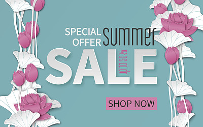 夏季销售横幅与剪纸框架和盛开的粉红色荷花在蓝色花卉背景横幅，传单，邀请，海报，网站或贺卡图片下载