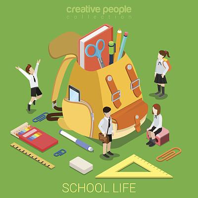 学校生活平面三维等距初等教育概念网络矢量插图。男生文具配件女生周边大背包背包。有创造力的人集合。图片下载