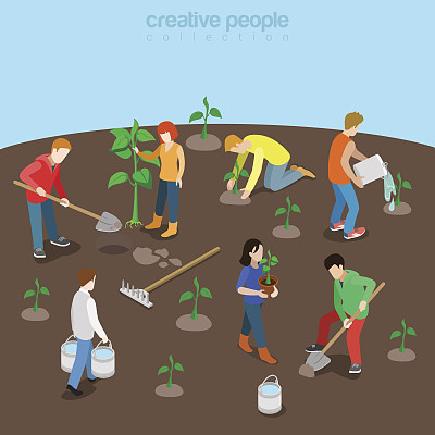 自然星球生态护理平面三维等距等距概念网络矢量插图。年轻人植树育苗浇苗。有创造力的人集合。素材图片