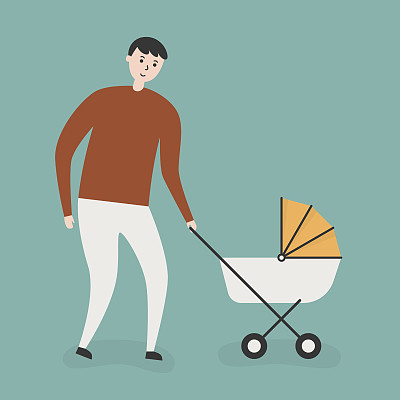 带着婴儿车的父亲。图片下载