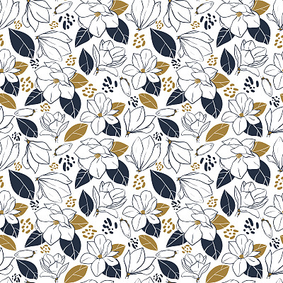 时尚的无缝花图案与木兰花，芽和叶在深蓝色和芥末色。矢量手绘插图打印，纺织，包装纸。图片下载