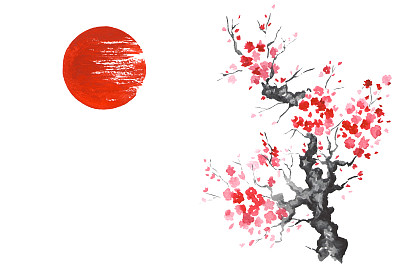 日本传统绘画Sumi-e艺术樱花太阳素材图片