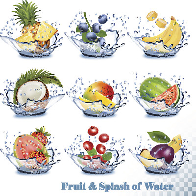 大收集的水果在水花中飞溅。图片下载