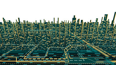 鸟瞰图的城市摩天大楼轮廓与发光的窗户，孤立在白色的背景图片下载