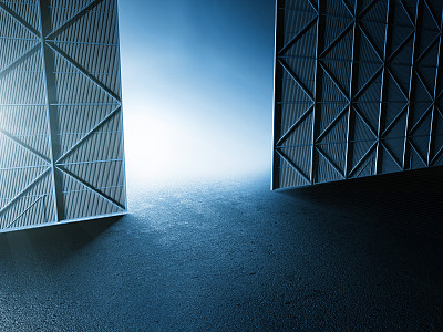 空干净仓库，飞机吊架，汽车舞台展示厅3D插图图片下载