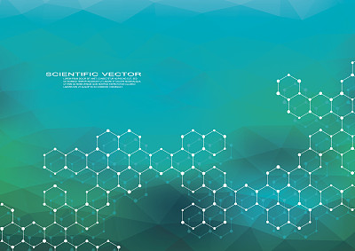 六角形结构的分子dna神经元系统，遗传和化学化合物，医学或科学背景的旗帜或飞行载体插图素材图片