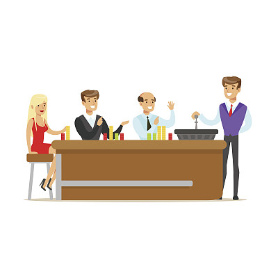 在赌场里等待轮盘赌结果的快乐赌徒们。彩色卡通人物矢量插图图片下载