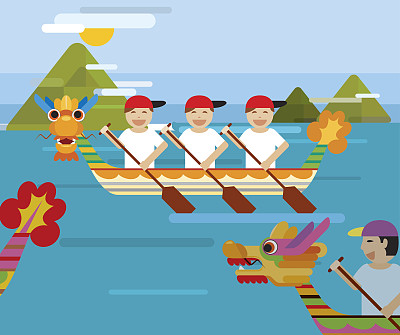 龙舟后面的山在平面设计风格素材图片