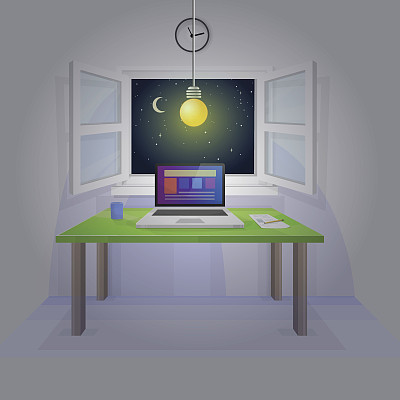 桌面的夜晚。光。夜间工作图片下载