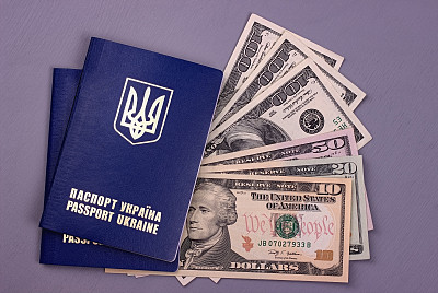 国际乌克兰护照，灰色背景上孤立的美元。图片下载