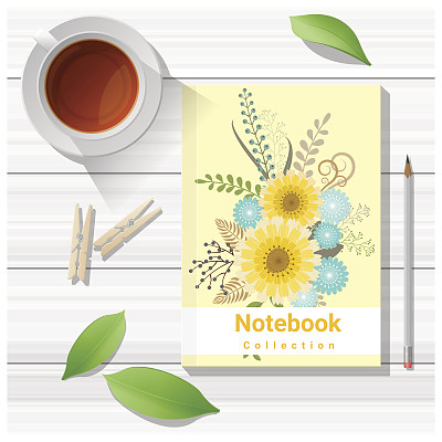 夏日场景以彩色笔记本木桌子为背景，矢量，插画图片下载