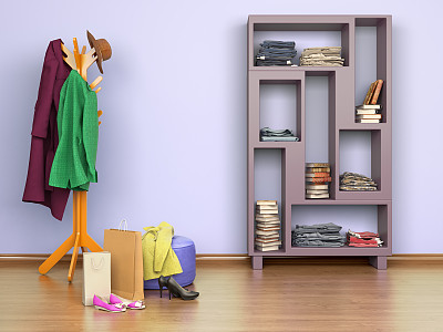 房间有衣架地板，盒子和鞋子，橱柜，3d插图图片下载