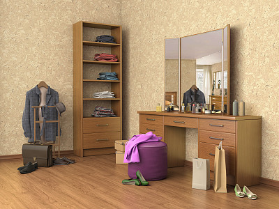 房间有控制台镜子，盒子和鞋子，架子，3d插图图片下载