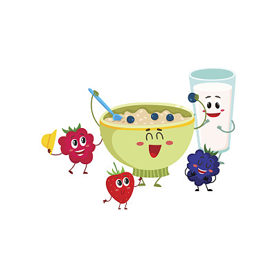 滑稽笑眯眯的燕麦粥碗和覆盆子、黑莓的特色图片下载