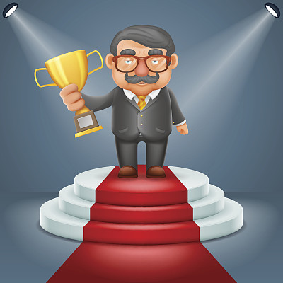 商家手持获奖灯光领奖台颁奖典礼灯光三维卡通设计矢量插图图片下载