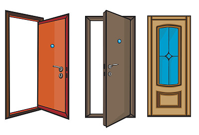 在白色背景下打开和关闭的门。卡通风格。图片下载