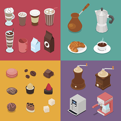 等距咖啡元素设置糖果，咖啡图片下载
