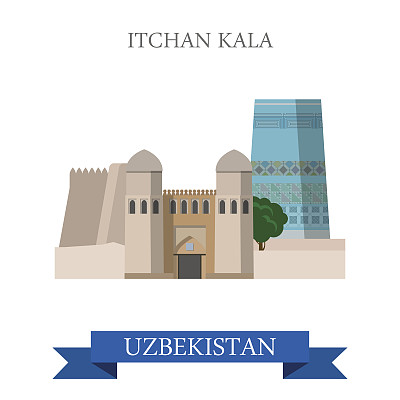 平面卡通伊昌卡拉在希瓦网站矢量插图。乌兹别克斯坦国家观光亚洲。地标和世界著名的展示厅概念。图片下载