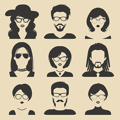 矢量集不同的男性和女性图标在时尚的平面风格。人的脸和头的图像收集。图片下载