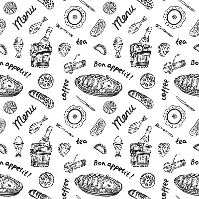食物手绘无缝图案黑白两色图片下载