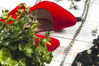 女性服装设置和配件在白色木制背景。图片下载