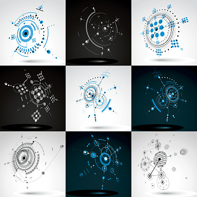 一套矢量包豪斯抽象背景与网格和重叠的简单几何元素，圆和线。复古风格的艺术品，图形模板的广告海报。图片下载