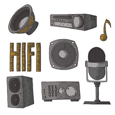 由图标和对象组成的高保真手画集，用于记录和复制音乐和声音。该套件包括一个扬声器，一个麦克风和一个均衡器。在白色背景上隔离图片下载