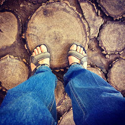 脚踩在树桩上。图片下载