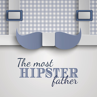 父亲节贺卡设计的男人的事件，横幅或海报。方格蓝色背景与剪纸胡子形状的领带和吊带。祝贺文本的背景图片下载