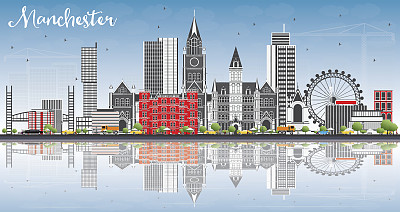 灰色建筑、蓝天和倒影的曼彻斯特天际线。图片下载