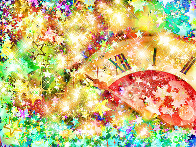 除夕。钟面和五颜六色闪亮的星星。图片下载