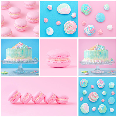 粉色和蓝色的杏仁饼干、蛋糕和蛋白酥皮的甜蜜拼贴画图片下载