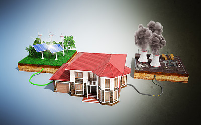 该住宅连接太阳能板和风标，而不是热电站的3d渲染图片下载