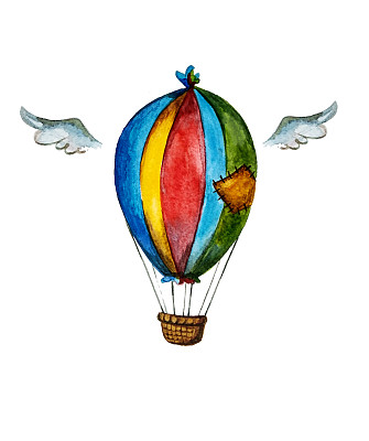 复古，彩色，飞艇与翅膀，手绘水彩插图图片下载