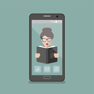 矢量插图的女孩在眼镜应用程序图标在智能手机显示在平坦的风格。素材图片